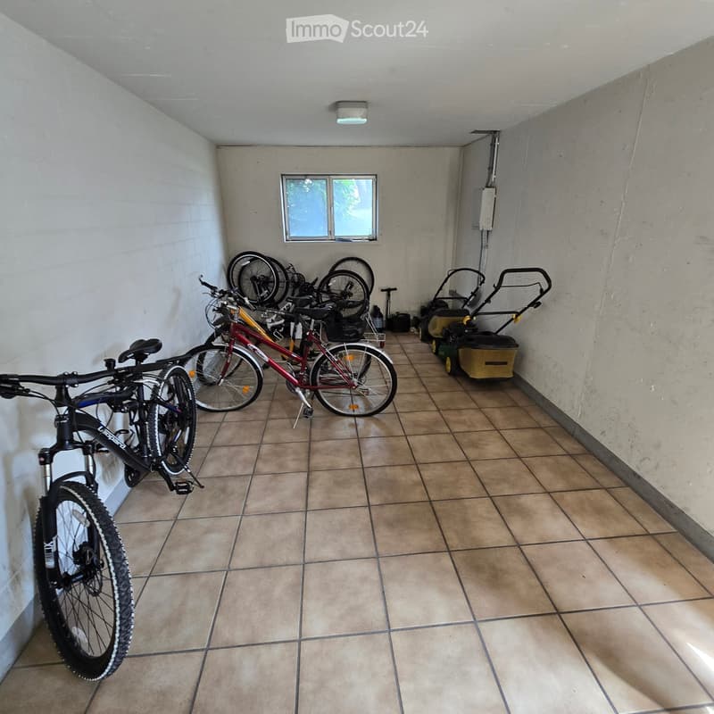 A small, tiled room with several bicycles and a lawn mower stored inside. The room has a window and a light fixture on the ceiling.