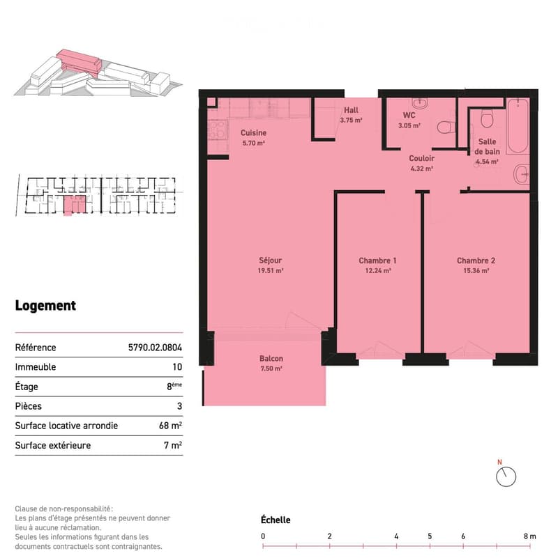 Floor plan of an8th-floor apartment with 3 rooms, including a living area, two bedrooms, a kitchen, a bathroom, a WC, and a balcony.