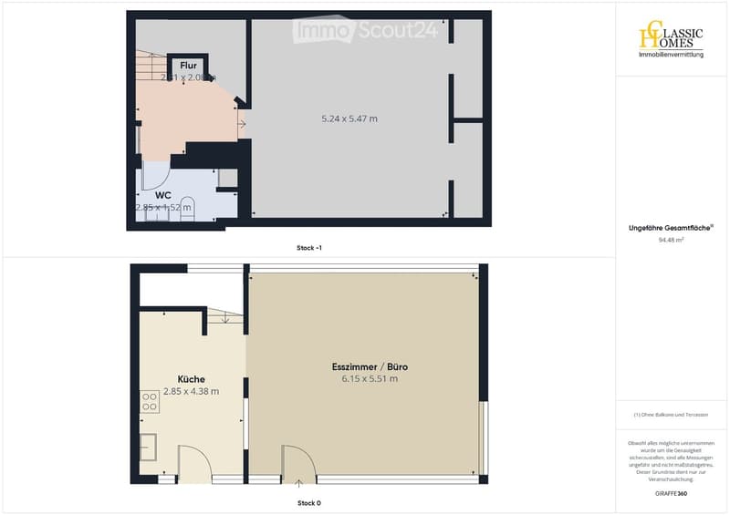 Floor plan showing two levels: ground floor with kitchen and living/dining area, and lower level with bedroom, WC, and hallway.
