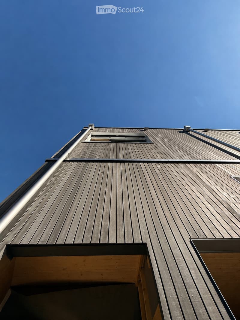 Modern wooden building with a slanted roof and multiple windows, featuring a clean and contemporary design.