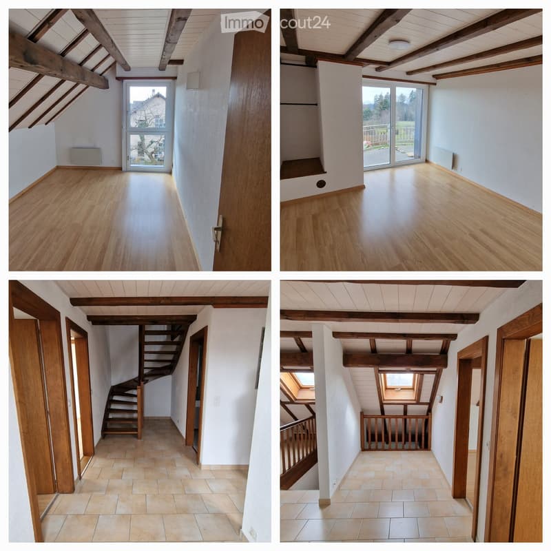 Four images show various hallways and staircases within a house, featuring wooden floors, white walls, exposed wooden beams, and doors leading to different rooms.