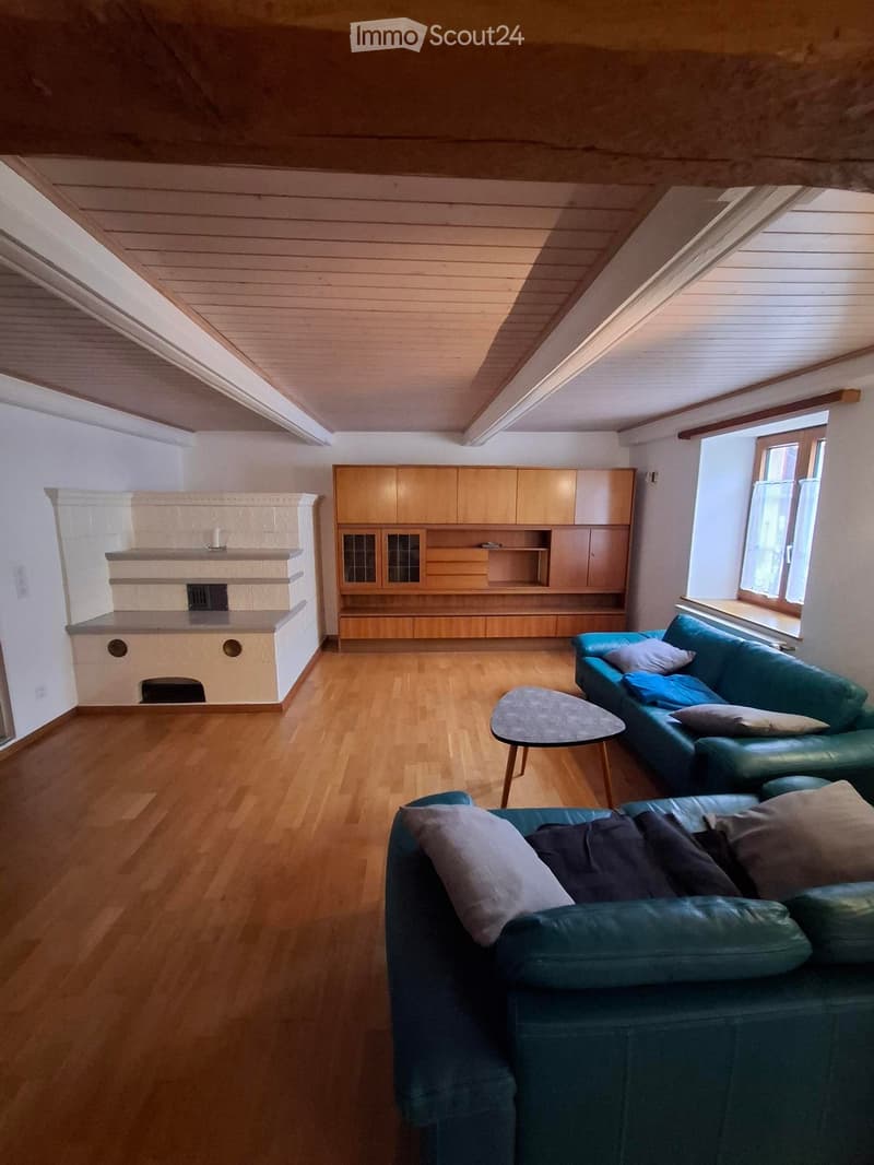 Bright living room with wooden floors, two blue sofas, a coffee table, built-in wooden cabinetry, and a fireplace.