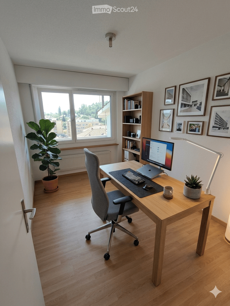 A modern, well-lit home office with a wooden desk, ergonomic chair, laptop, keyboard, mouse, and a cup. A potted plant sits near the window, and a bookshelf with books and framed pictures adorns the wall.