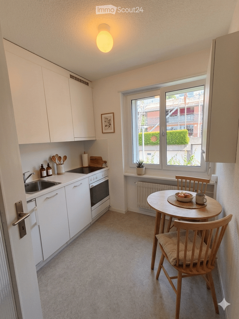 Modern kitchen with white cabinets, a sink, oven, and a small dining area with a round table and chairs. A window offers a view of greenery outside.