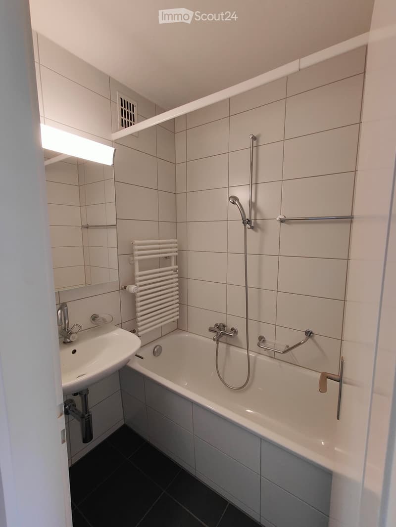 Modern bathroom with a bathtub, sink, showerhead, radiator, and mirror. The walls are tiled in light beige, and the floor is dark grey.