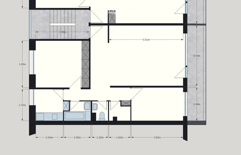 Floor plan of a modern apartment featuring a living room, kitchen, two bedrooms, and two bathrooms. Dimensions are clearly marked for each space.