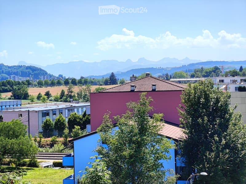 A view of a residential area with a prominent pink building, surrounded by trees and other structures, with a scenic mountain backdrop.