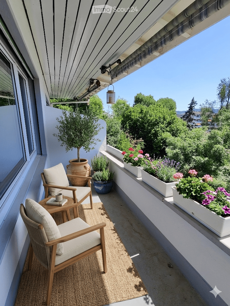 Balcony with a view, featuring two wooden chairs, a small table, a cup, and several potted plants including flowers and shrubs.