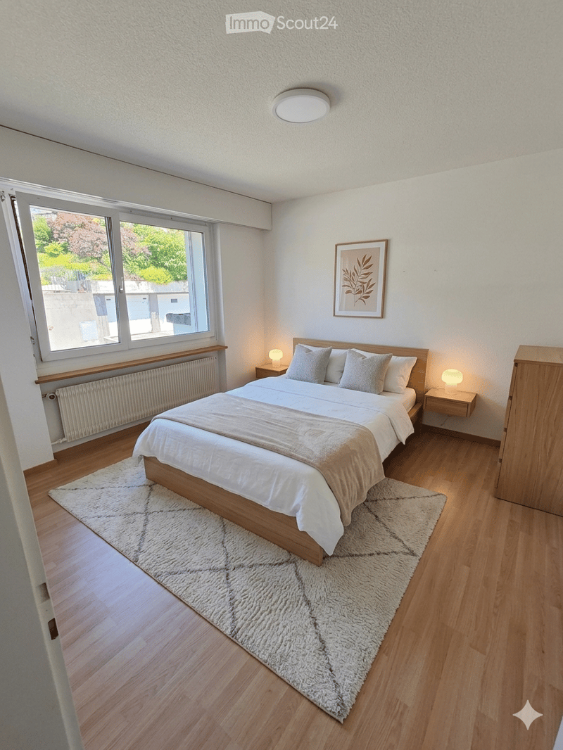 Modern bedroom with a wooden bed, nightstands, lamps, a large window, and a decorative rug.