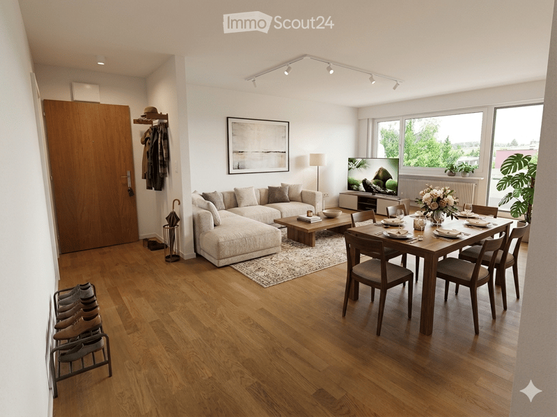 Modern living and dining area with light wood flooring, large windows, a sectional sofa, coffee table, dining table with chairs, TV, floor lamp, and decorative items.