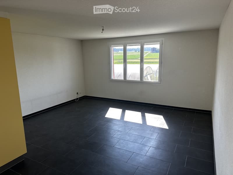 Empty room with dark tiled flooring and white walls, featuring a large window with a view of an outdoor area.