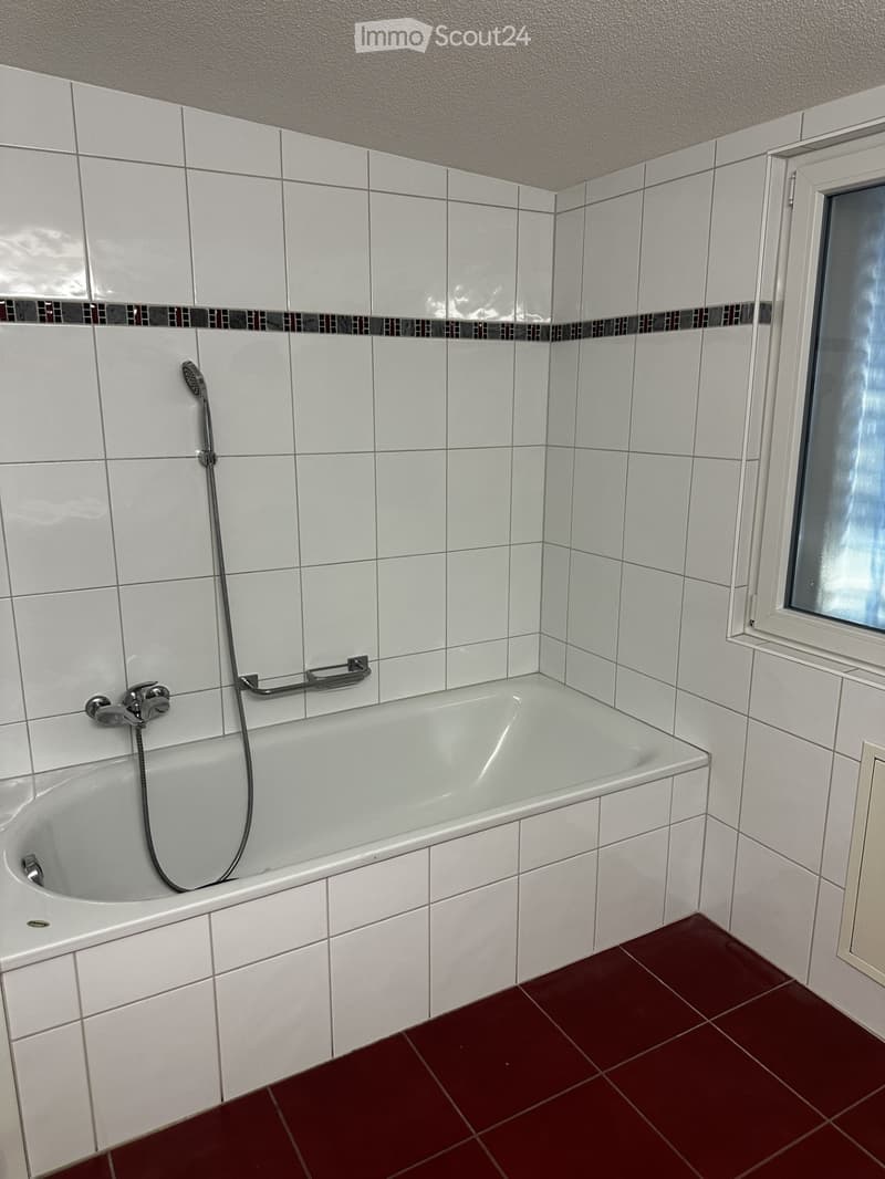Modern bathroom with white tiled walls, a bathtub, a showerhead, and a handrail for safety.