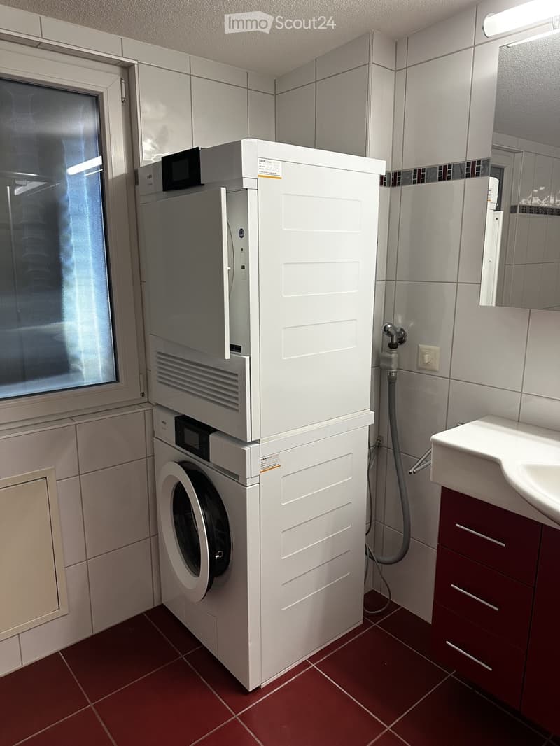 Modern bathroom with a washing machine and dishwasher stacked together, a white sink with a red cabinet, and tiled walls and floor.