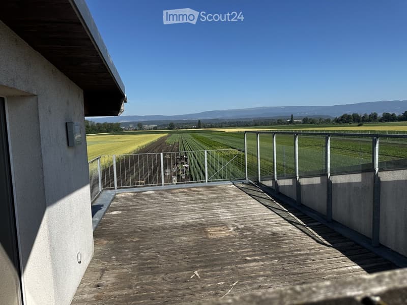 Wooden balcony with metal railing, overlooking a rural landscape with fields and distant mountains.
