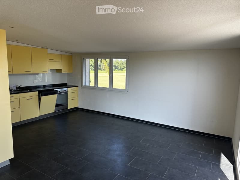 Modern kitchen with yellow cabinets, black tiled floor, and large window overlooking a green area.
