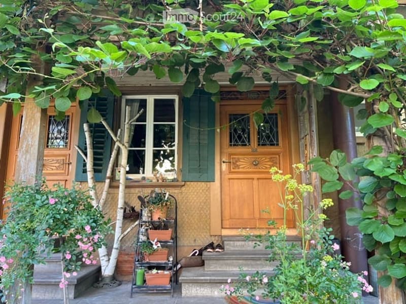 Entrance to a house with a wooden double door, green shutters, and a small porch decorated with potted plants and flowers. The area is shaded by climbing plants and features a small staircase leading up to the entrance.