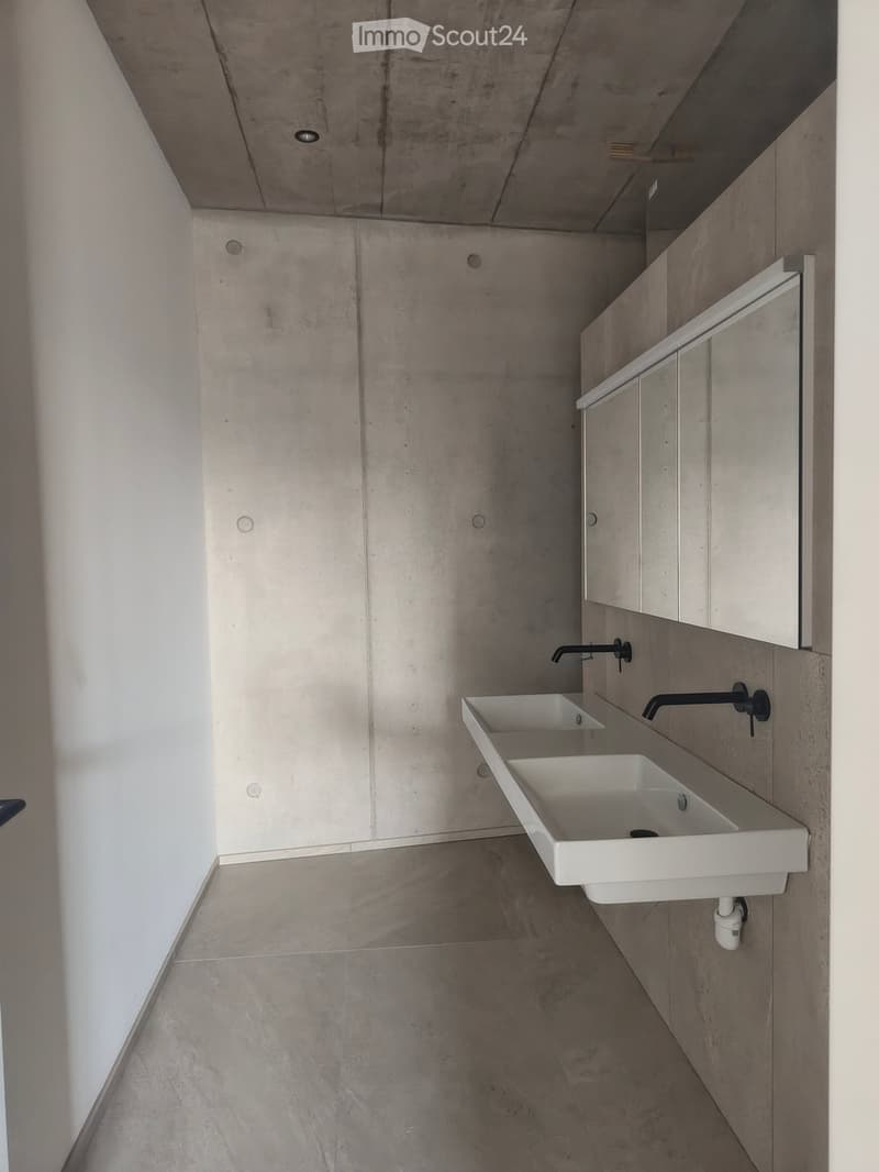 Modern bathroom with a white sink, black faucet, and built-in mirrored cabinet.