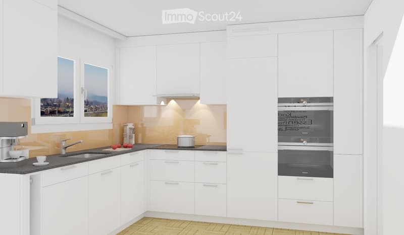Modern kitchen with white cabinets, black countertops, and stainless steel appliances, including a coffee maker, sink, and oven. The backsplash features a warm, peach-colored design with a subtle cityscape mural.