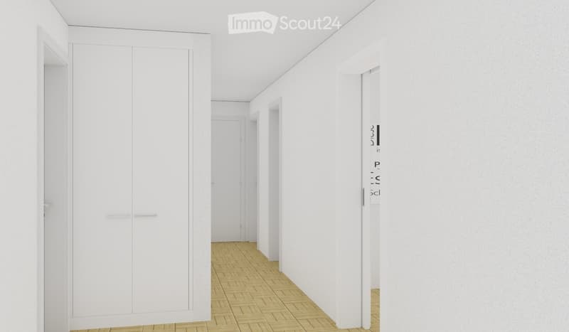A clean, minimalist hallway with white walls, a wooden floor, and several doors leading to other rooms.