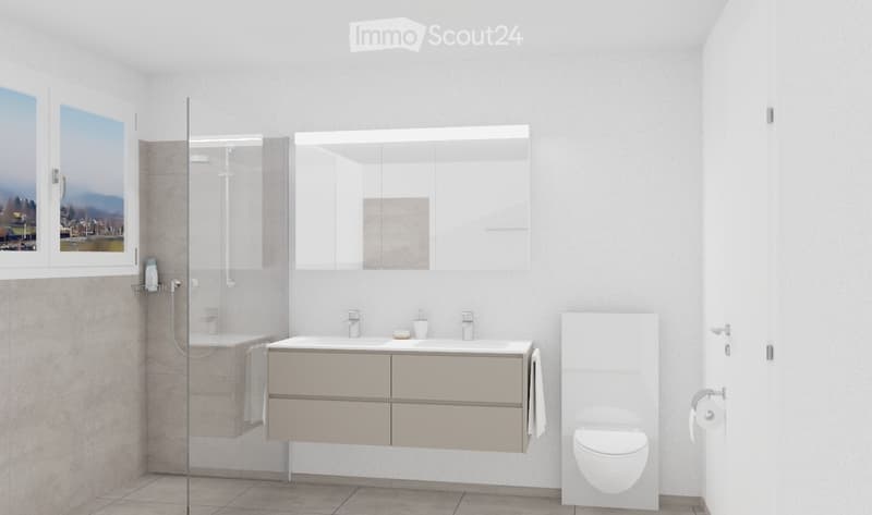 Modern bathroom with a double sink, large mirror, toilet, and a glass-enclosed shower. The space features light-colored tiles and a sleek, contemporary design.