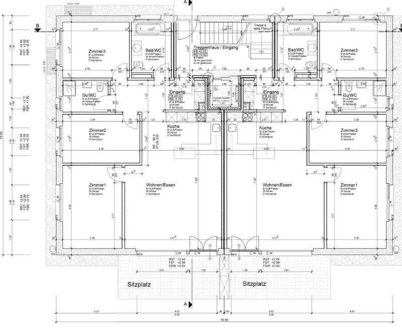 Floor plan of a multi-room residential space including living/dining area, kitchen, three bedrooms, two bathrooms, entrance area, staircase, and two seating areas.