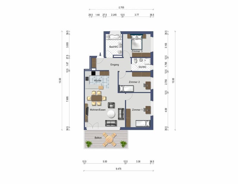 Layout includes a living/dining area, kitchen, three bedrooms, two bathrooms, and a balcony.