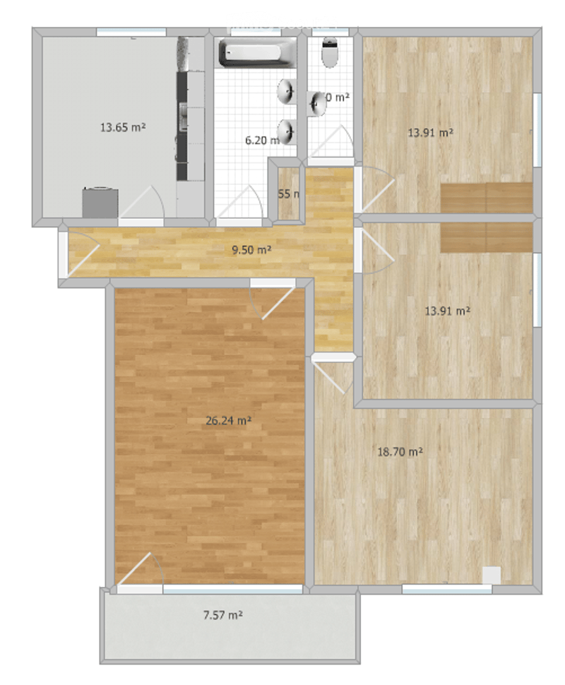 Floor plan of a 3-room apartment with a living room, bedroom, and bathroom. The living room is 26.24 m², the bedroom is 13.91 m², and the bathroom is 6.20 m².