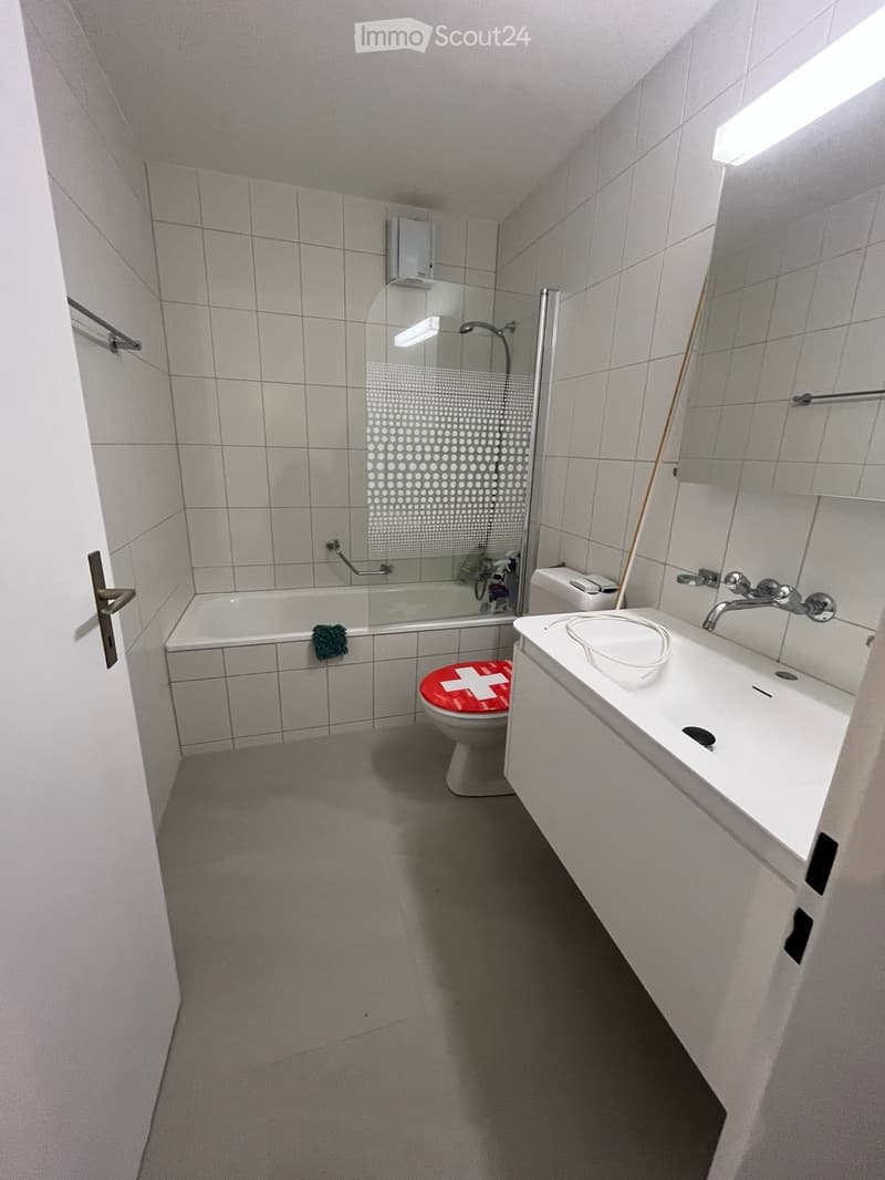 Modern bathroom with tiled walls, a bathtub, a toilet with a red seat cover, a sink with a faucet, and a glass-enclosed shower area.