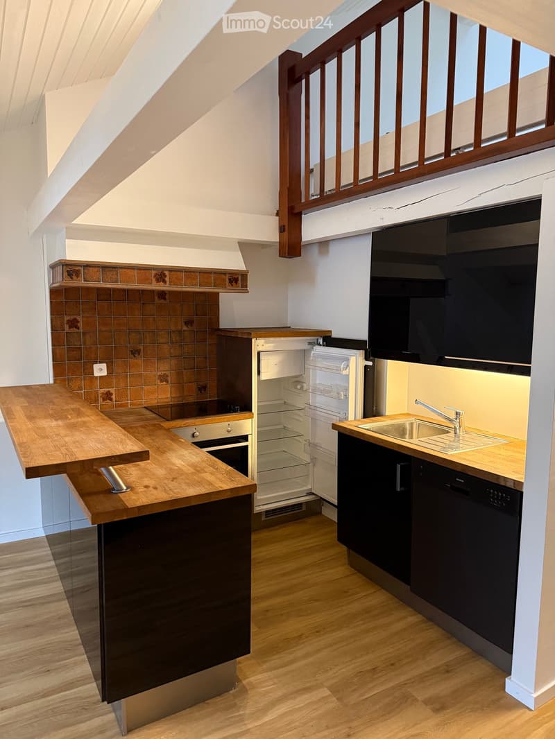 Modern kitchen with wooden countertops, stainless steel appliances, and built-in storage. Features an open refrigerator, sink with faucet, and dishwasher.