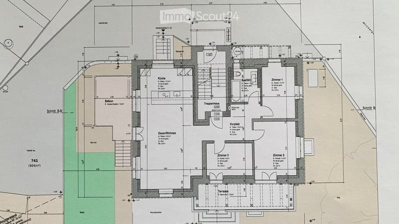 Floor plan showing a multi-room layout including a kitchen, living/dining area, three bedrooms, a bathroom, a staircase, a balcony, and a terrace.
