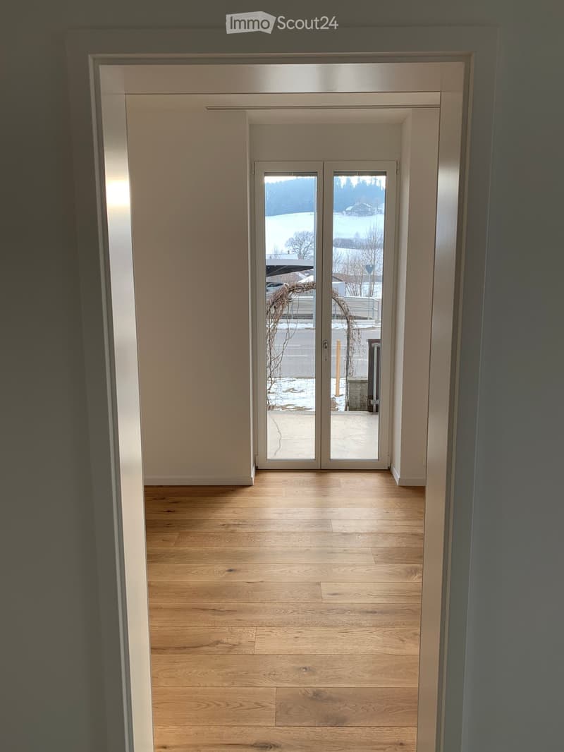 Empty hallway with light wooden flooring and white walls, leading to a glass door opening to a snowy outdoor area.