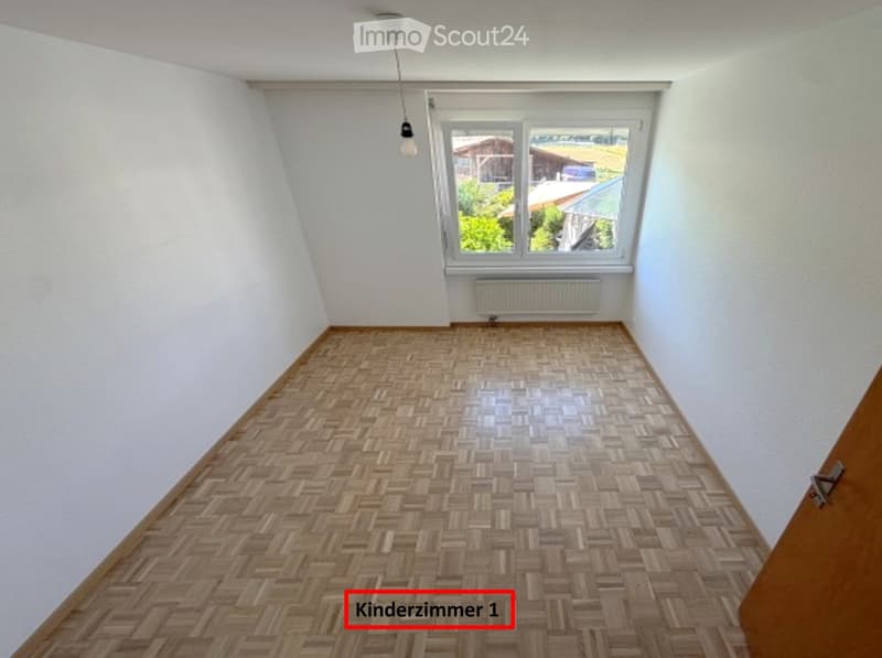 Empty room with wooden herringbone flooring, white walls, large window with view, radiator, and pendant light fixture.