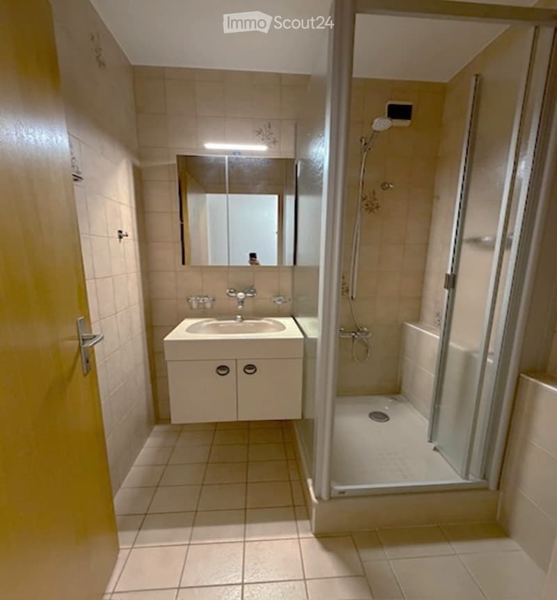Clean bathroom with tiled walls and floor, a white sink with a mirror above it, and a glass-enclosed shower stall.