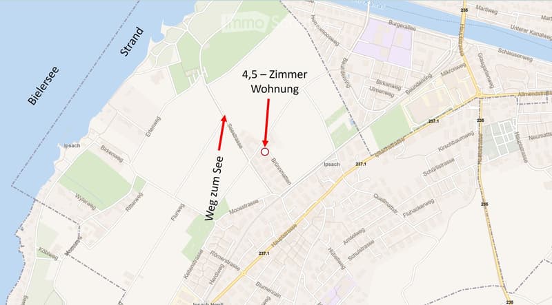 Map showing a 4.5-room apartment location near the lake, with streets and landmarks labeled.