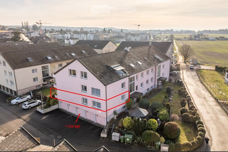Aerial view of a two-story residential house with a pink exterior, multiple windows, and a garage. The house is surrounded by a well-maintained garden and is located in a suburban neighborhood with other houses and open fields in the background.