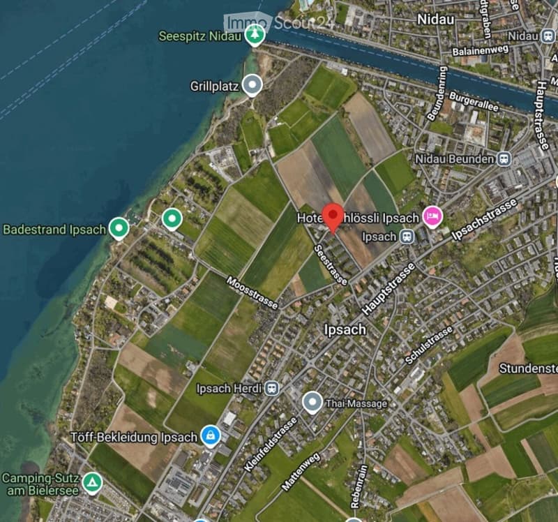 A map view of the Ipsach area, showing streets, buildings, and landmarks such as hotels, restaurants, and recreational areas.
