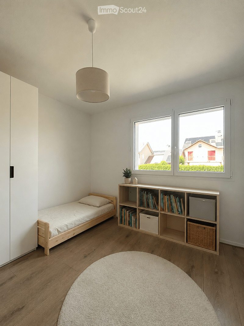 Bright, minimalist bedroom with a single wooden bed, a bookshelf filled with books and storage boxes, a small potted plant, a round white rug, and a white wardrobe.