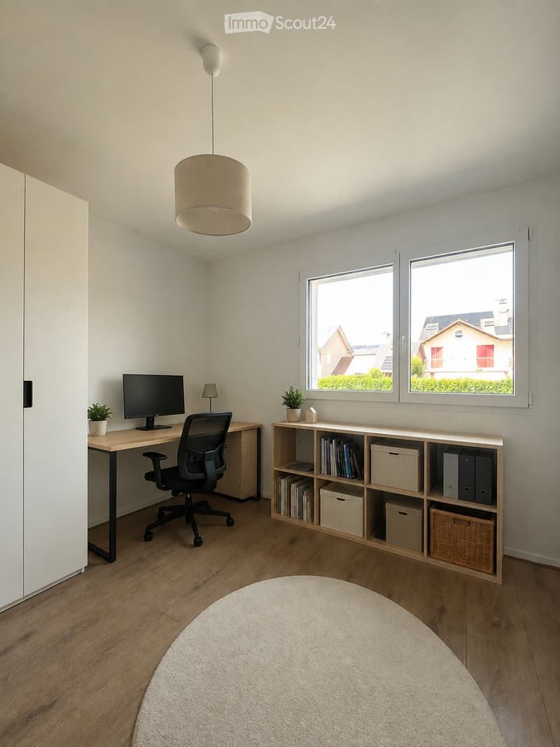 Bright, modern workspace with wooden flooring, large windows, a desk with a computer and chair, a bookshelf with books and storage boxes, and a round rug.