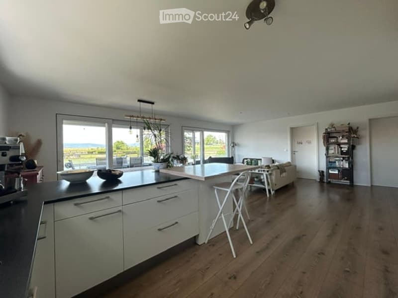 Open-plan kitchen and living area with light-colored cabinets, a central island, a sofa, and large windows offering a scenic view.