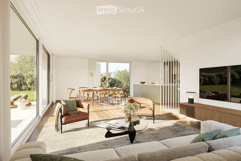 Large sliding doors, view of garden, wooden dining table, modern coffee table, TV, armchairs, rug