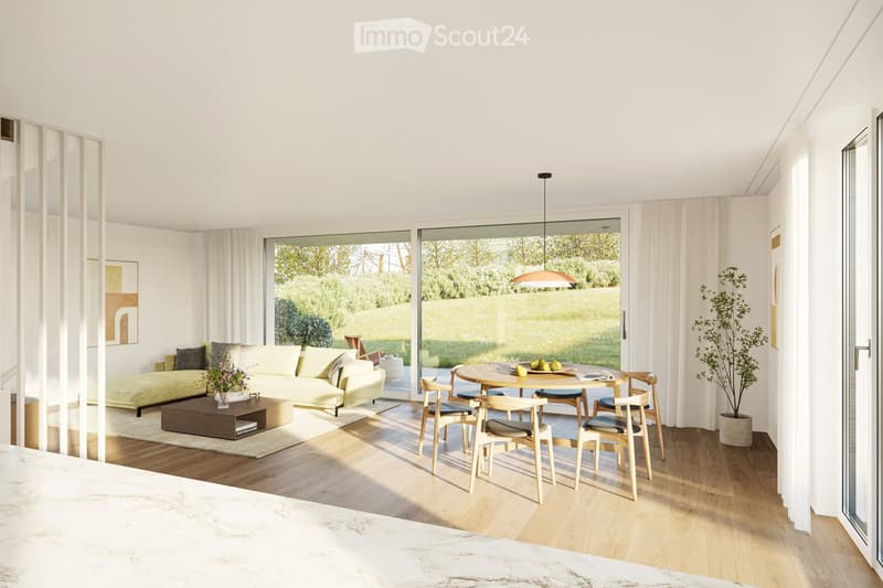 modern living room, couch, table, dining chairs, windows, table with fruits, large window with sliding doors, plants