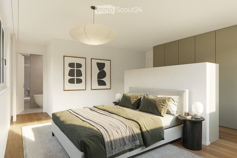 Bed, bedside tables, large wall art, lamps, bed spread, carpet, wooden floor