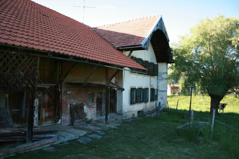 Two-story house with red-tiled roof, white walls, and wooden shutters. Includes a barn with wooden doors and a fenced yard with a cow.