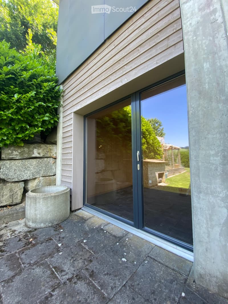 Modern outdoor patio with large glass sliding doors, stone floor, concrete planter, and lush greenery visible through the glass.