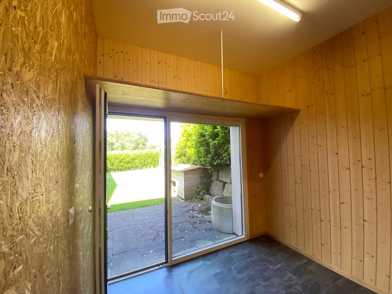 A modern hallway with wooden walls, dark tiled floor, and a large glass door leading to an outdoor patio area with greenery and a stone planter.