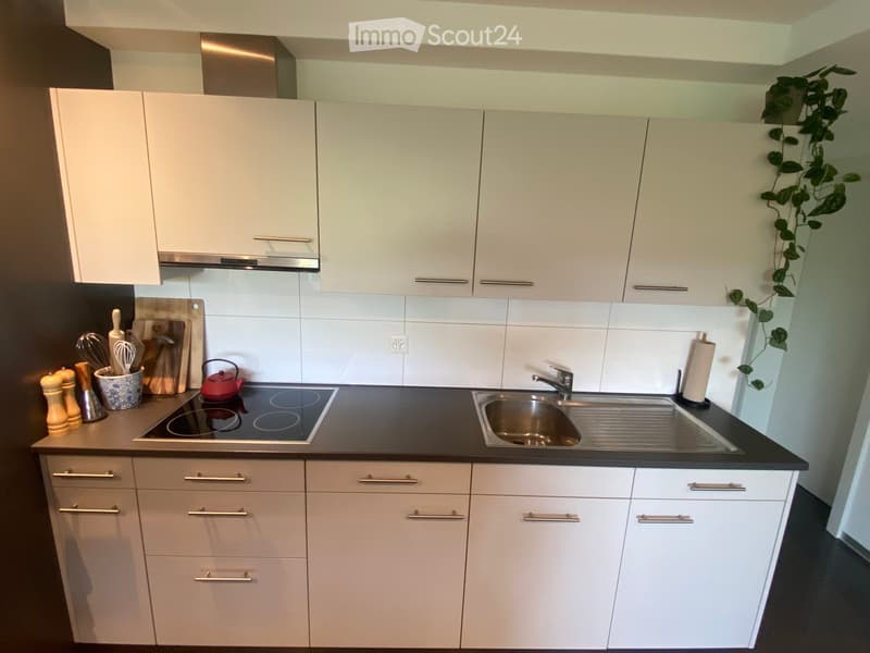 Modern kitchen with white cabinets, black countertops, stainless steel sink, electric stove, and various kitchen utensils.