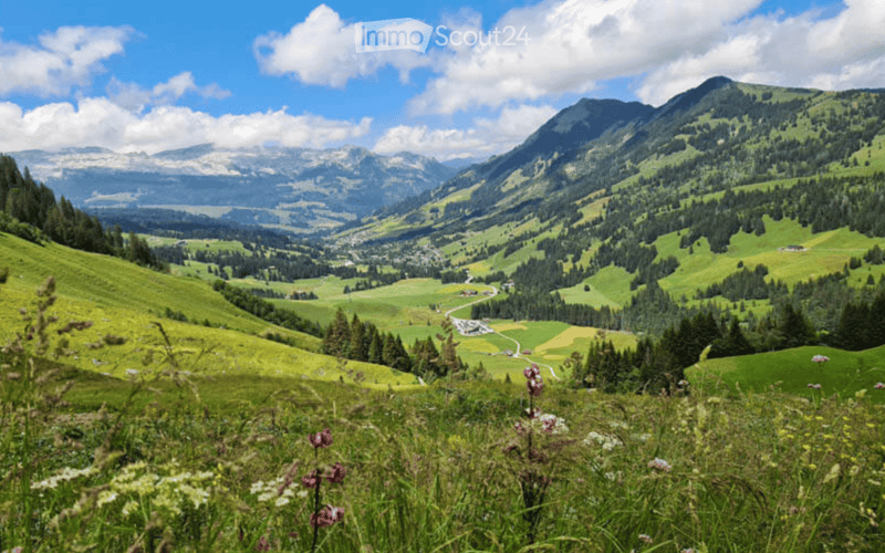 A panoramic view of a lush green valley with rolling hills, scattered trees, and a small village nestled among the mountains under a partly cloudy sky.
