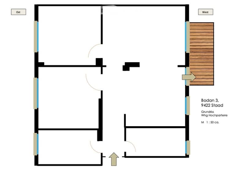Floor plan of a 1-bedroom apartment with a living room, kitchen, bathroom, and balcony.