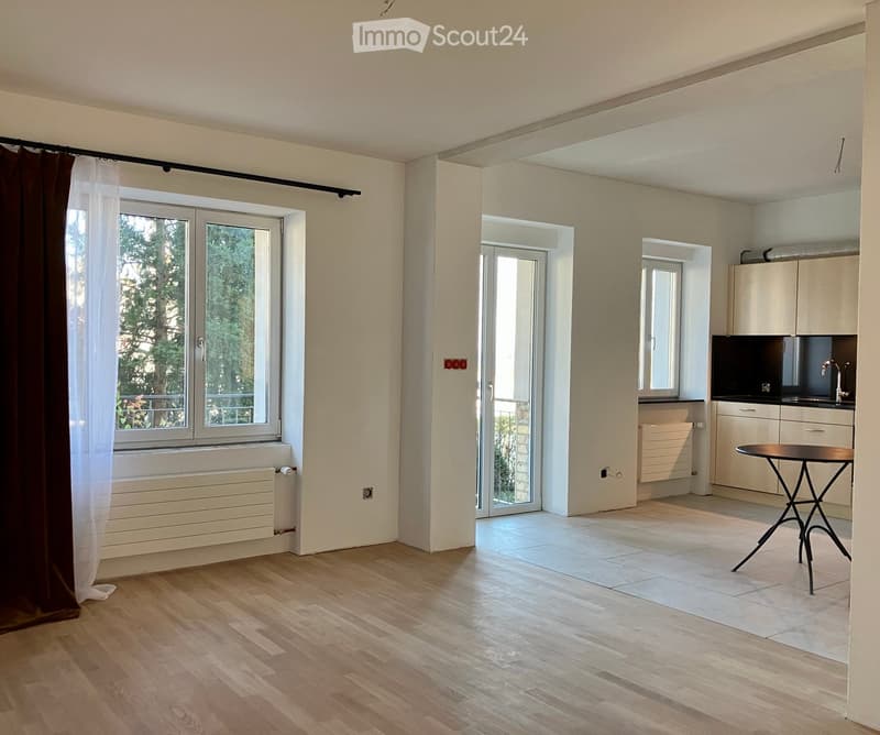 Open-plan living and dining area with wooden flooring, large windows, sliding glass doors, and a small kitchen area with cabinets and a sink.