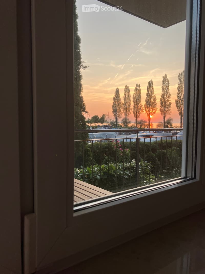 View from a window showing a balcony with a metal railing, overlooking a garden area with plants and flowers, and a distant view of a sunset over a body of water with trees and parked cars visible.